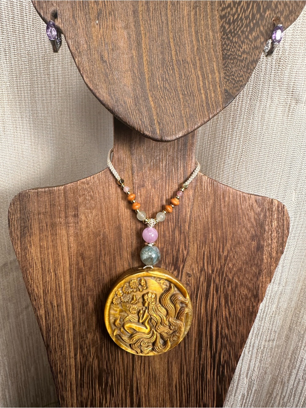 Tiger’s Eye Fairy Pendant with Kunzite and Moss Agate on Adjustable Beaded Rope - Picture 3 of 12